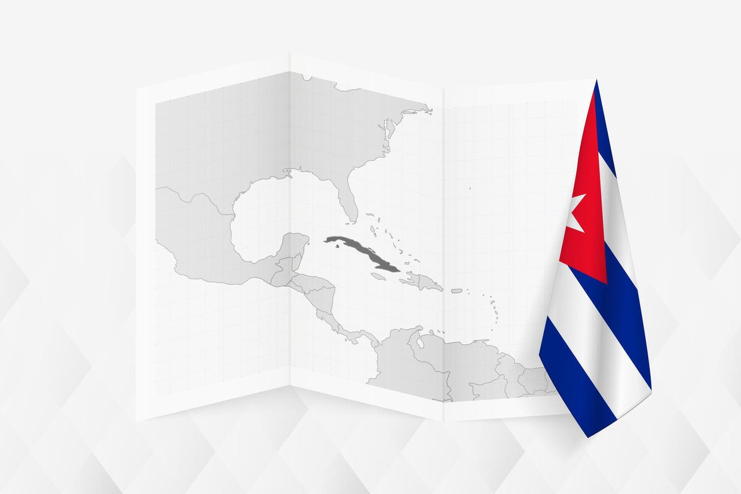 A grayscale map of Cuba with a hanging Cuban flag on one side. Map for many types of news. vector