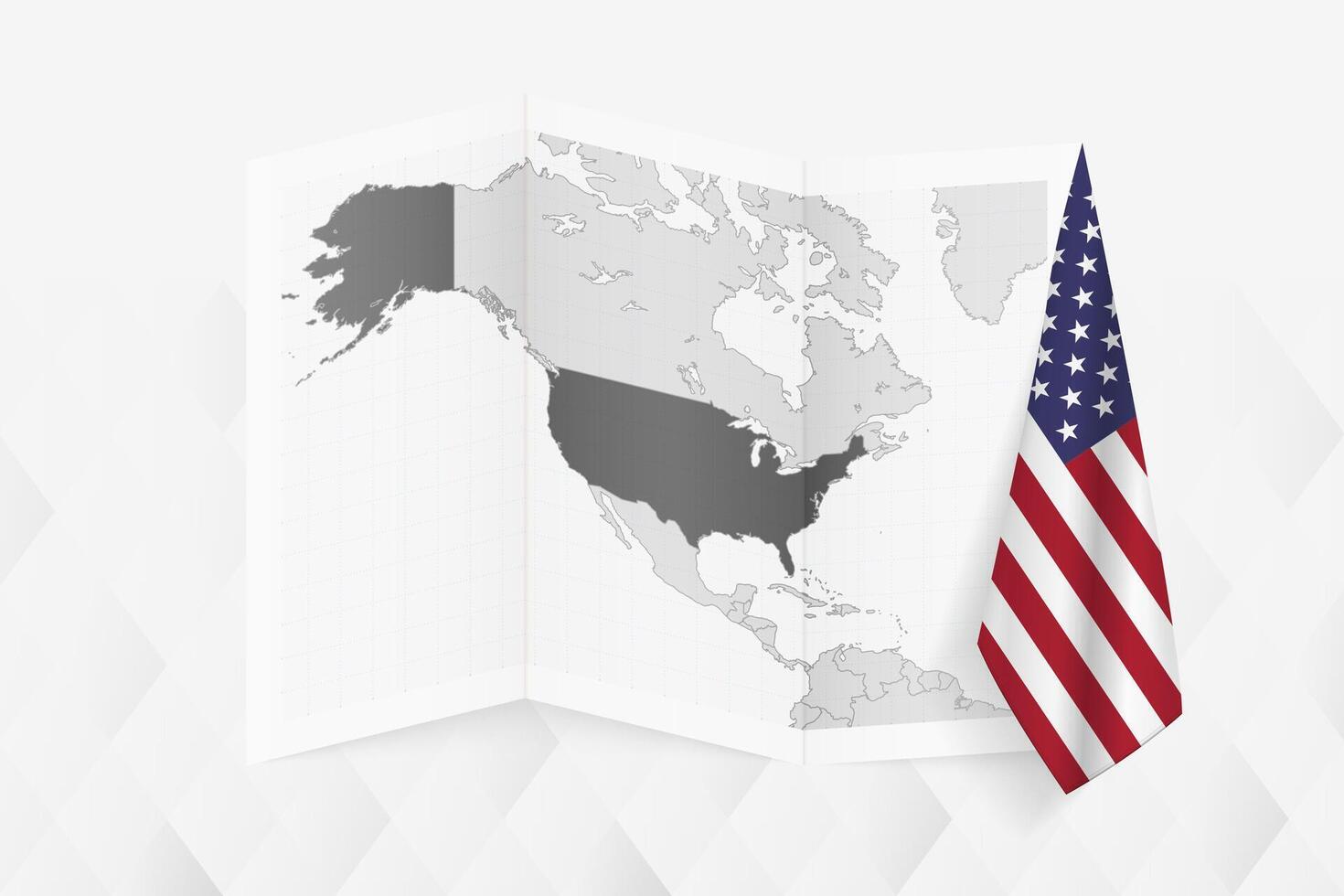 A grayscale map of USA with a hanging American flag on one side. Map for many types of news. vector