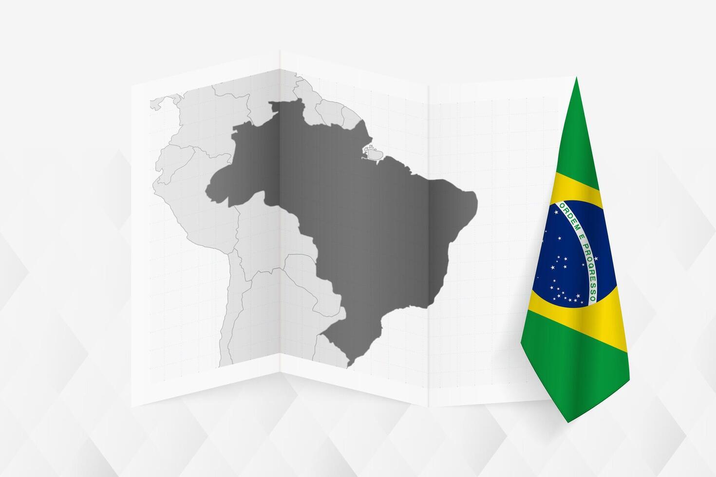 A grayscale map of Brazil with a hanging Brazilian flag on one side. Map for many types of news. vector