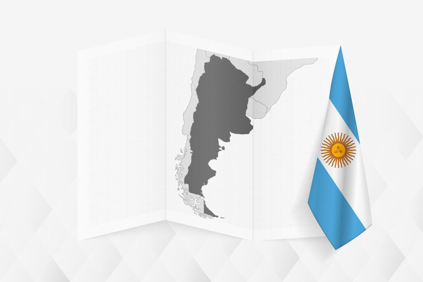 A grayscale map of Argentina with a hanging Argentinian flag on one side. Map for many types of news. vector