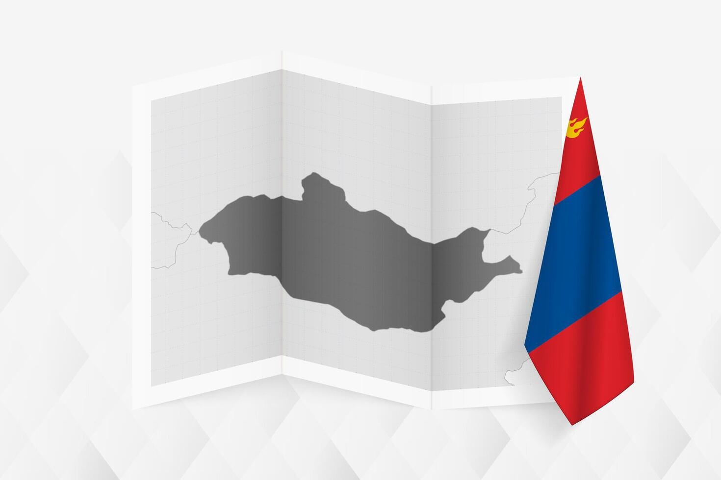 A grayscale map of Mongolia with a hanging Mongolian flag on one side. Map for many types of news. vector