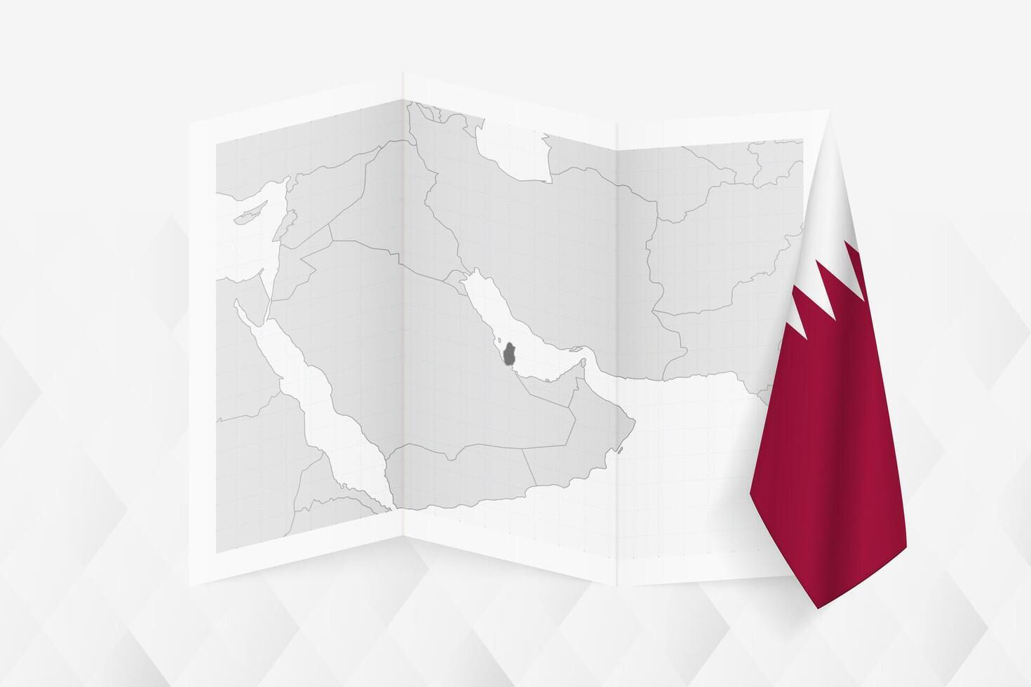 A grayscale map of Qatar with a hanging Qatari flag on one side. Map for many types of news. vector
