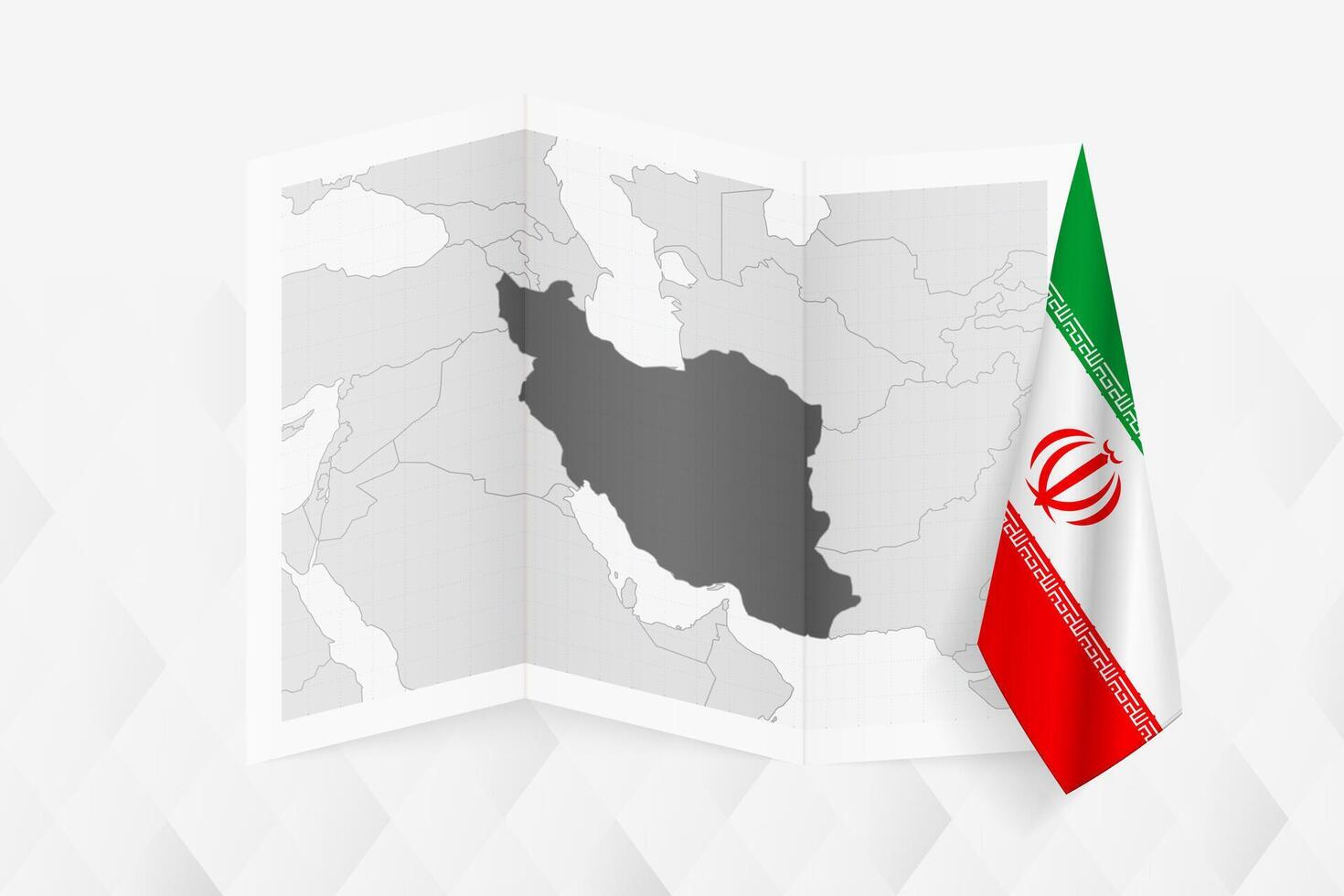 A grayscale map of Iran with a hanging Iranian flag on one side. Map for many types of news. vector
