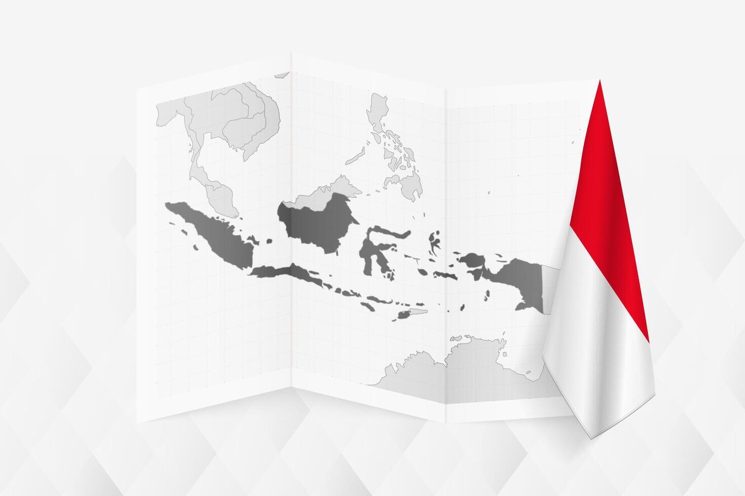 A grayscale map of Indonesia with a hanging Indonesian flag on one side. Map for many types of news. vector