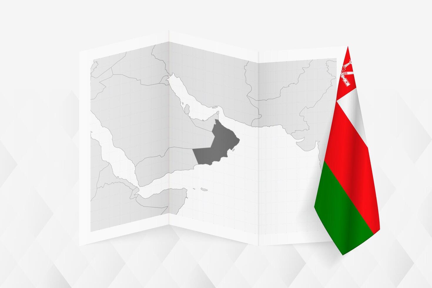 A grayscale map of Oman with a hanging Omani flag on one side. Map for many types of news. vector
