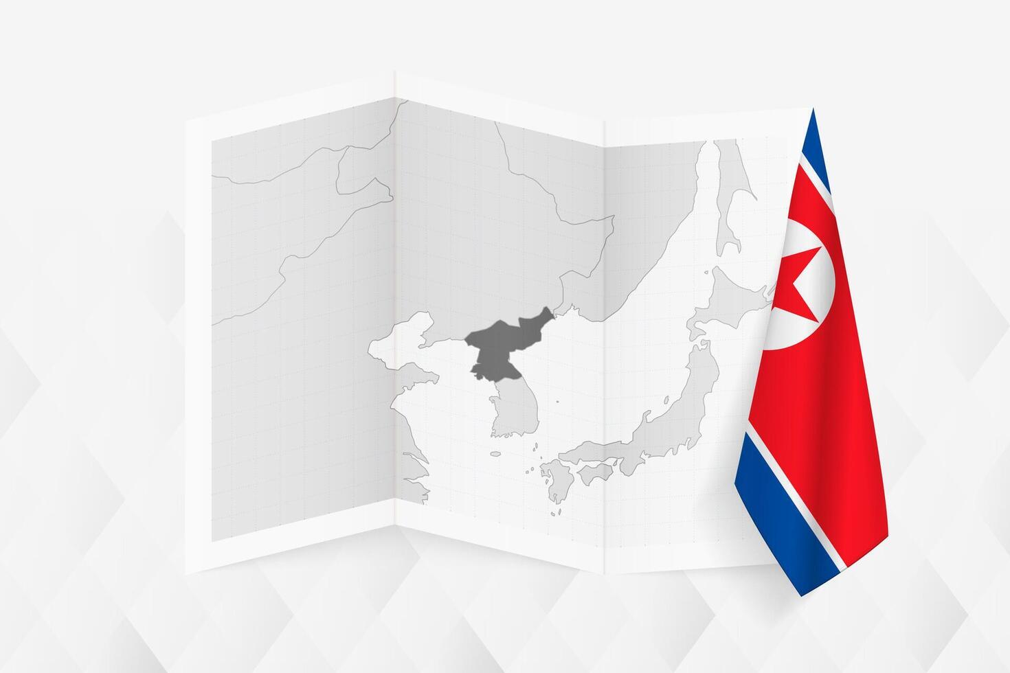 A grayscale map of North Korea with a hanging North Korean flag on one side. Map for many types of news. vector