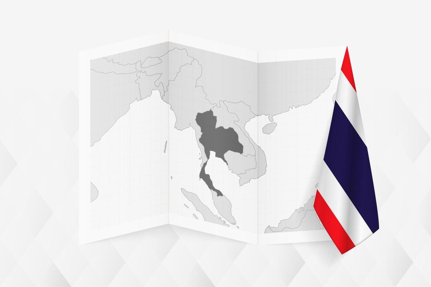 A grayscale map of Thailand with a hanging Thai flag on one side. Map for many types of news. vector