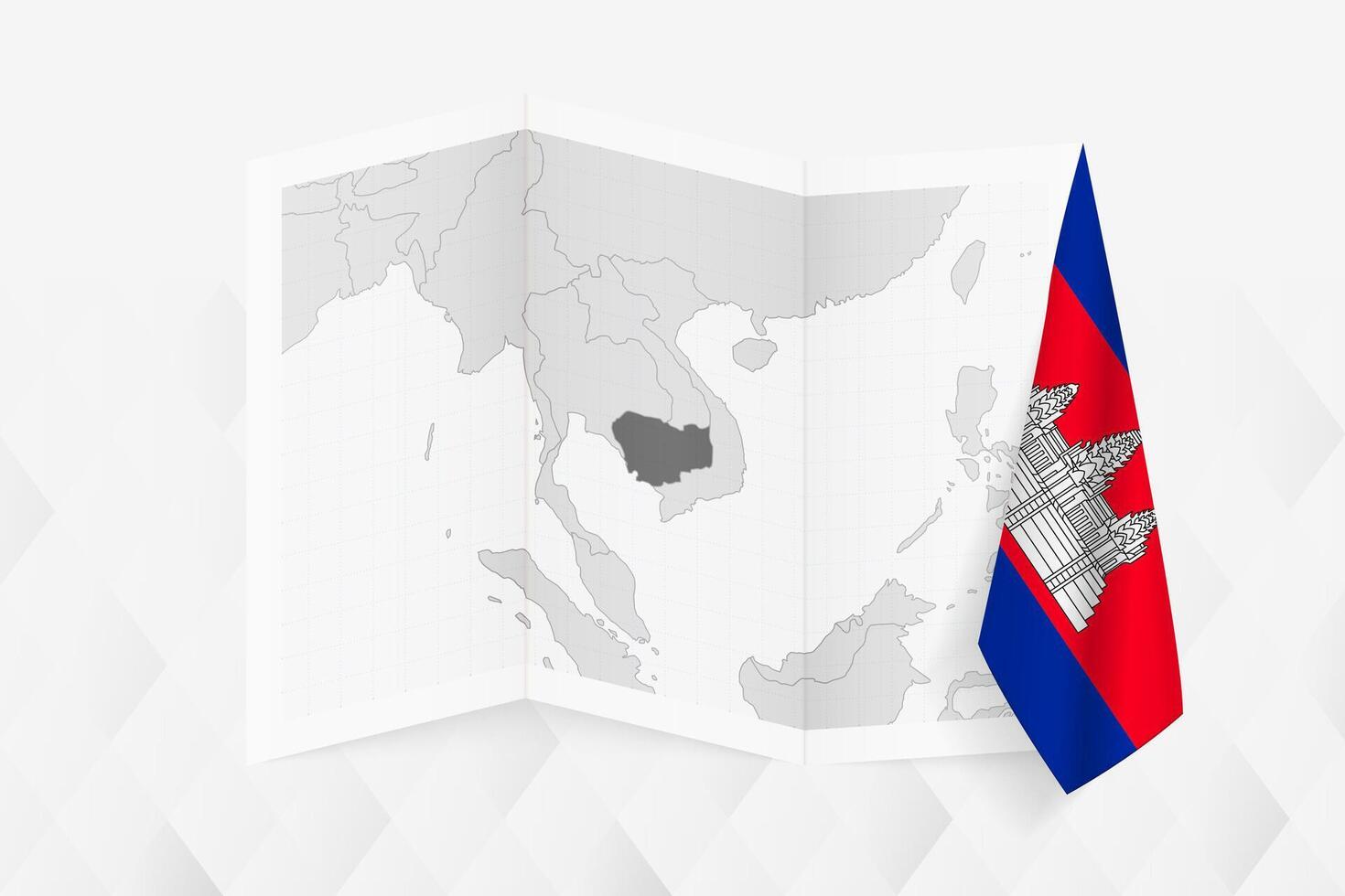 A grayscale map of Cambodia with a hanging Cambodian flag on one side. Map for many types of news. vector
