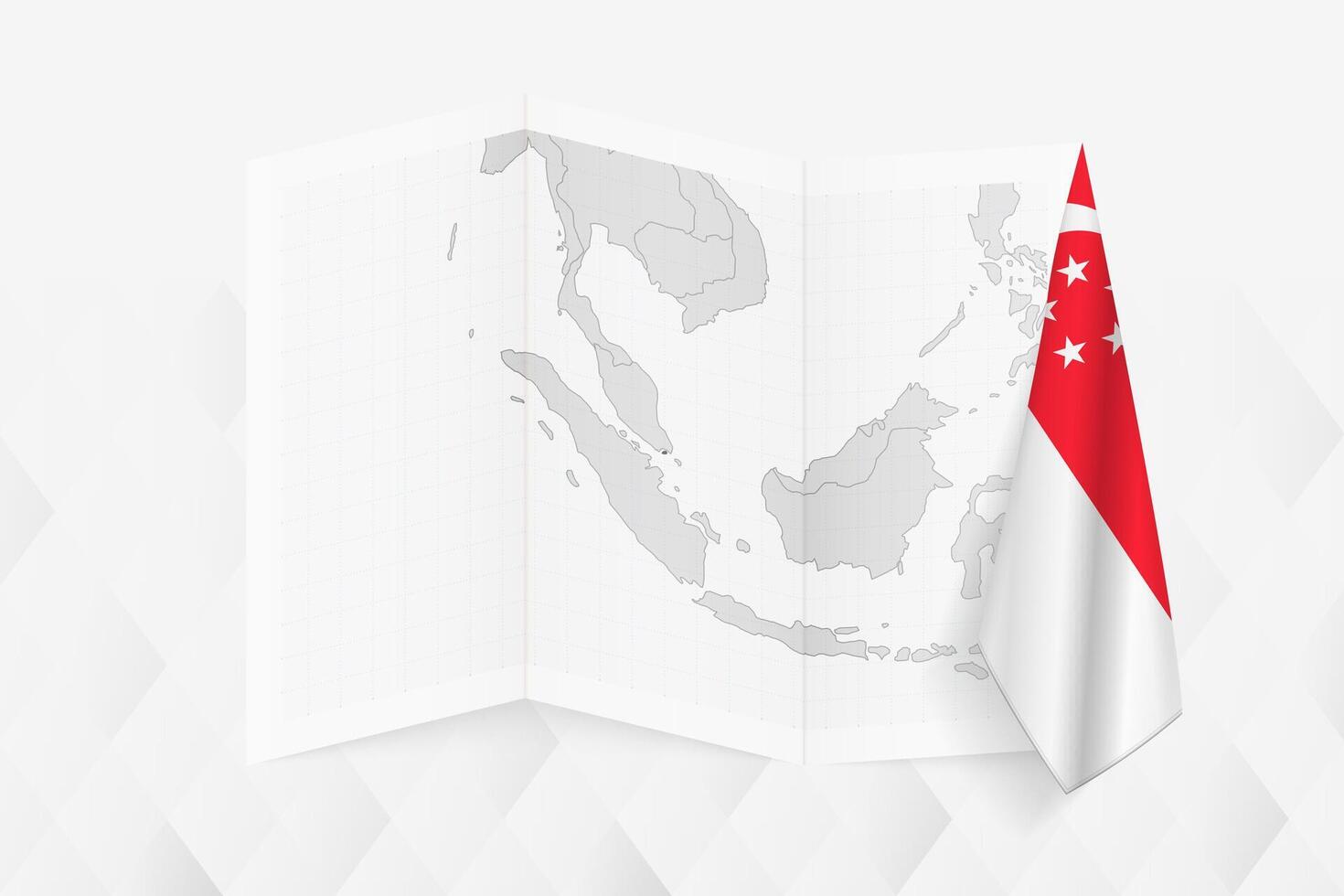 A grayscale map of Singapore with a hanging Singaporean flag on one side. Map for many types of news. vector