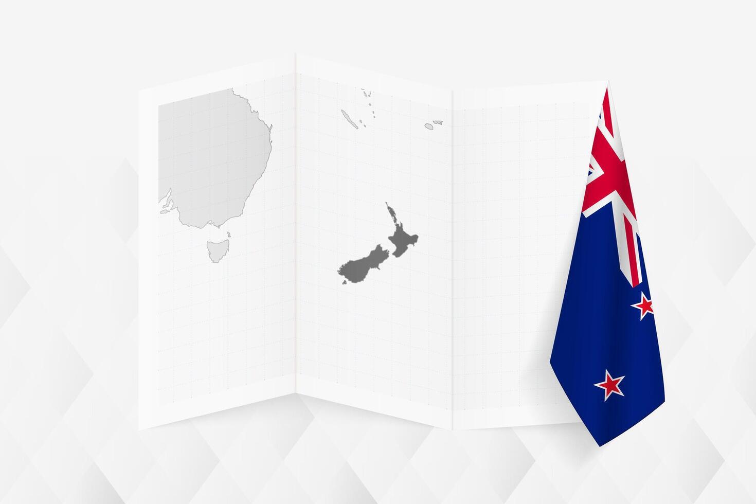 A grayscale map of New Zealand with a hanging New Zealand flag on one side. Map for many types of news. vector