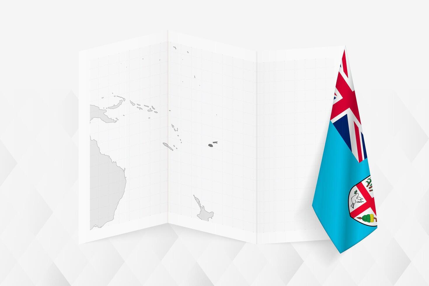 A grayscale map of Fiji with a hanging Fijian flag on one side. Map for many types of news. vector