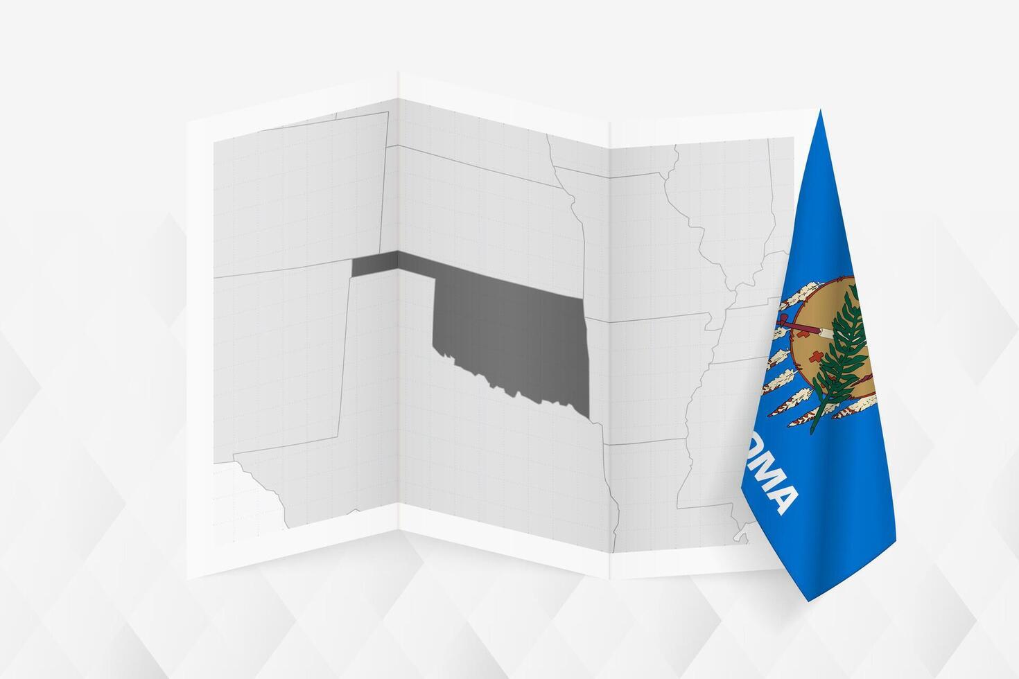 A grayscale map of Oklahoma with a hanging Oklahoma flag on one side. Map for many types of news. vector