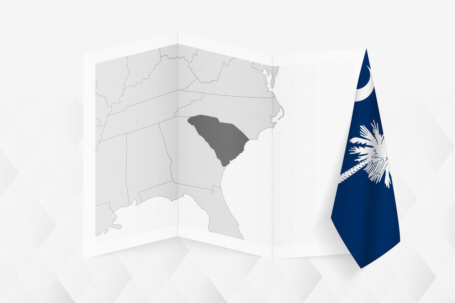 A grayscale map of South Carolina with a hanging South Carolina flag on one side. Map for many types of news. vector