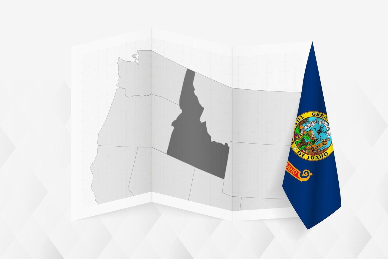 A grayscale map of Idaho with a hanging Idaho flag on one side. Map for many types of news. vector