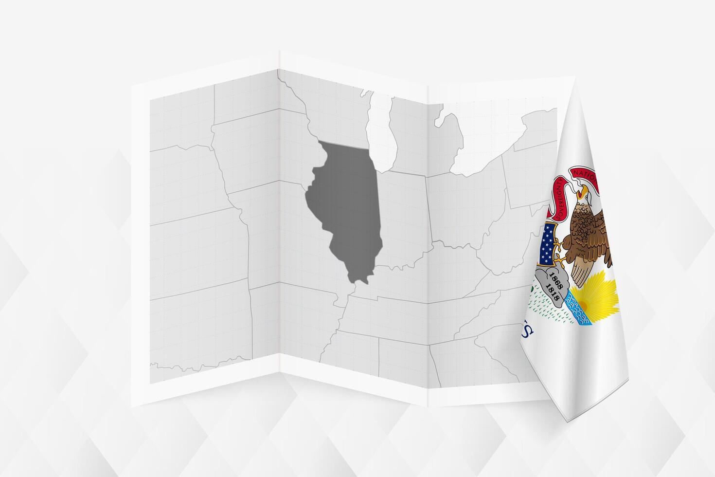 A grayscale map of Illinois with a hanging Illinois flag on one side. Map for many types of news. vector