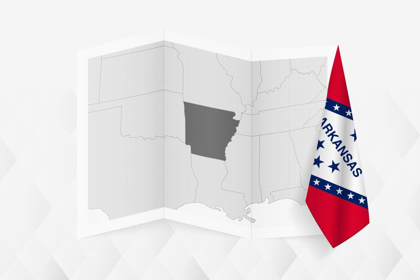 A grayscale map of Arkansas with a hanging Arkansas flag on one side. Map for many types of news. vector