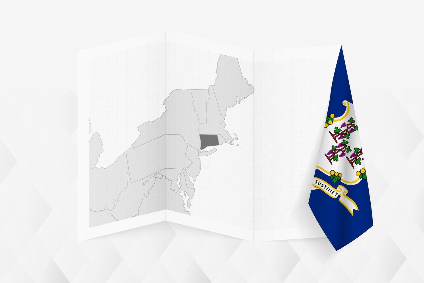 A grayscale map of Connecticut with a hanging Connecticut flag on one side. Map for many types of news. vector