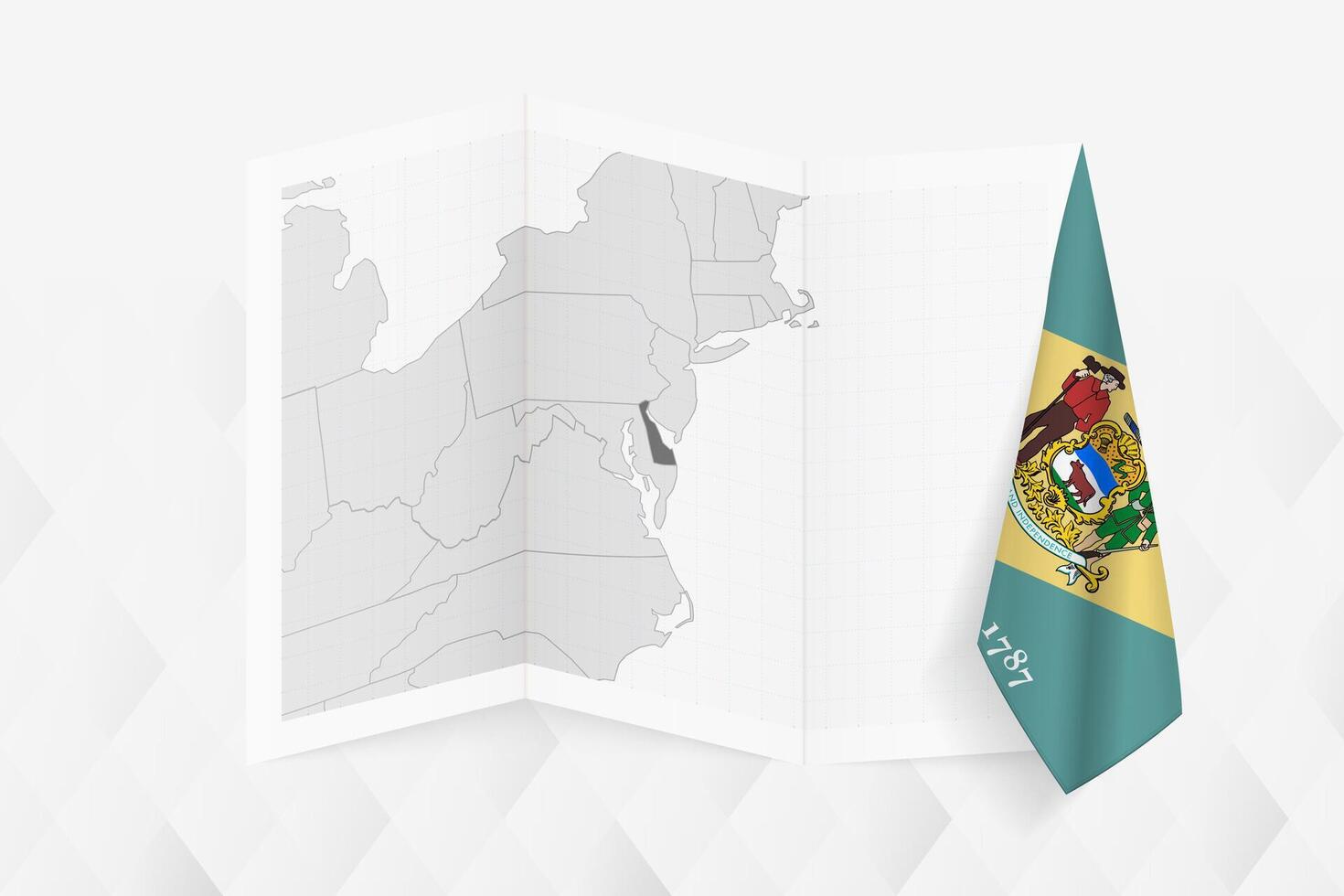 A grayscale map of Delaware with a hanging Delaware flag on one side. Map for many types of news. vector