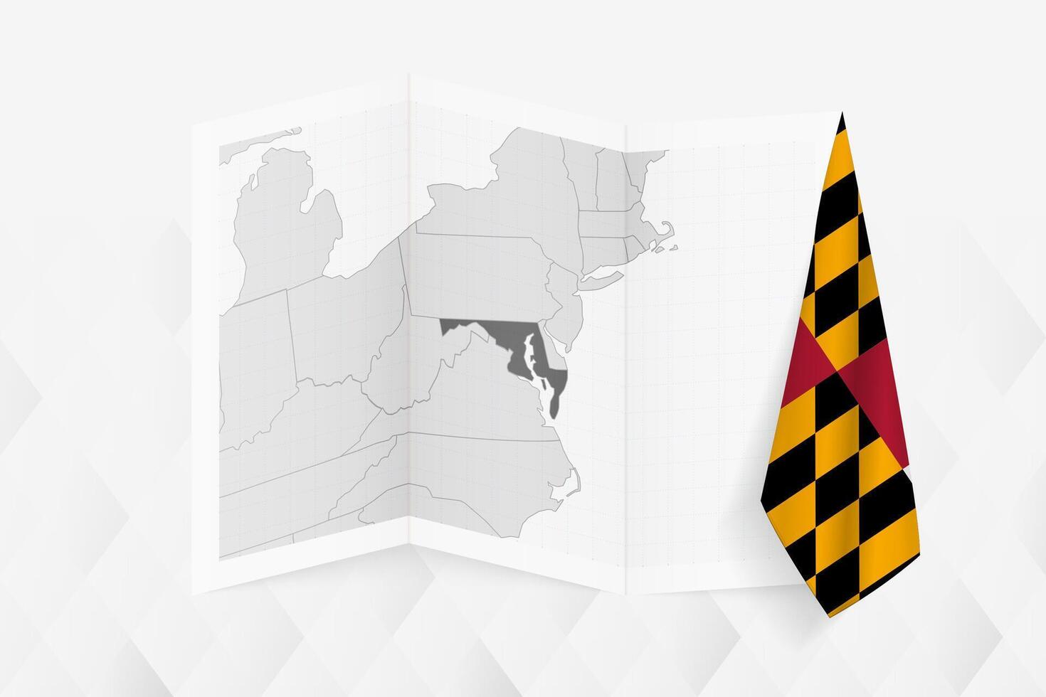 A grayscale map of Maryland with a hanging Maryland flag on one side. Map for many types of news. vector