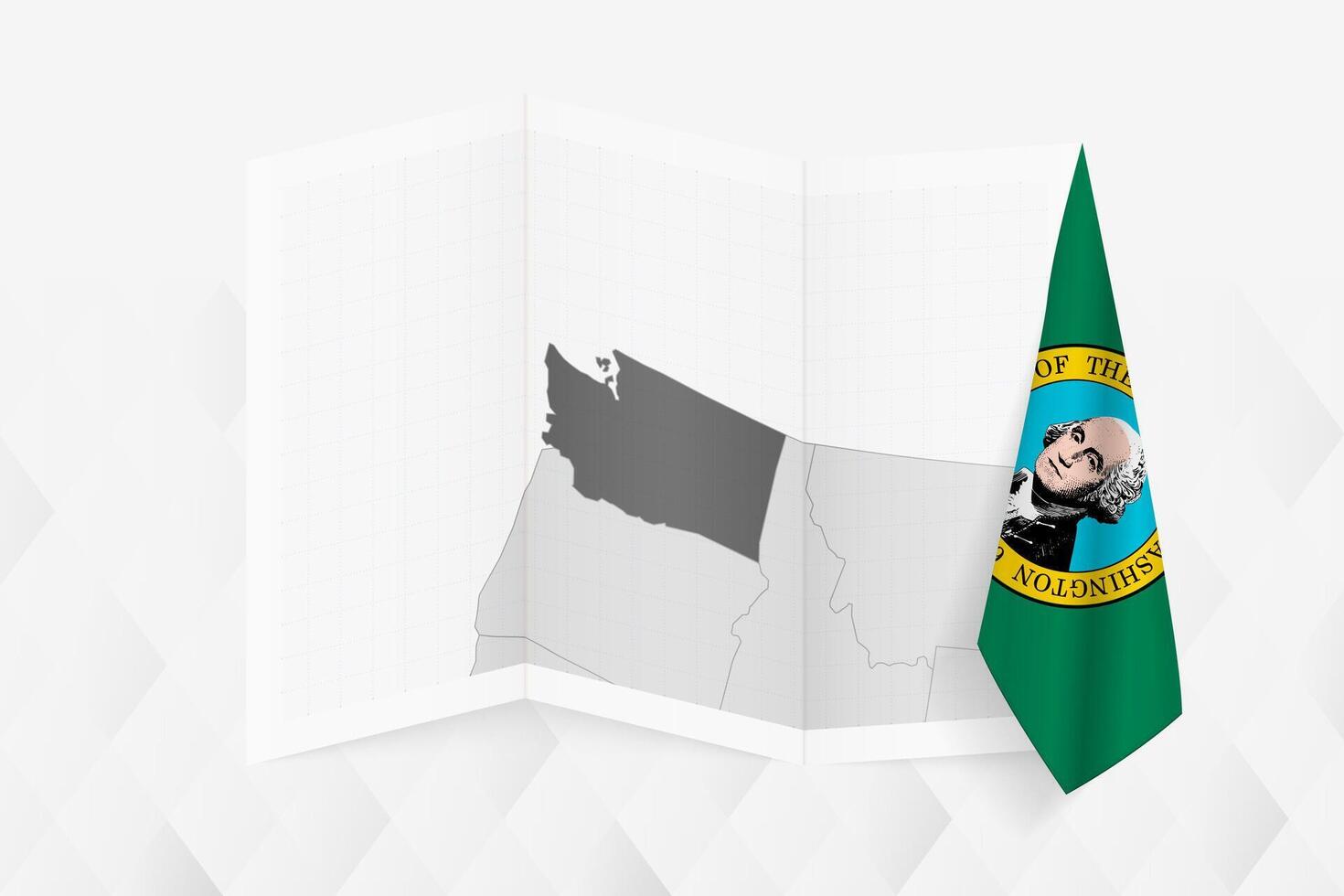 A grayscale map of Washington with a hanging Washington flag on one side. Map for many types of news. vector
