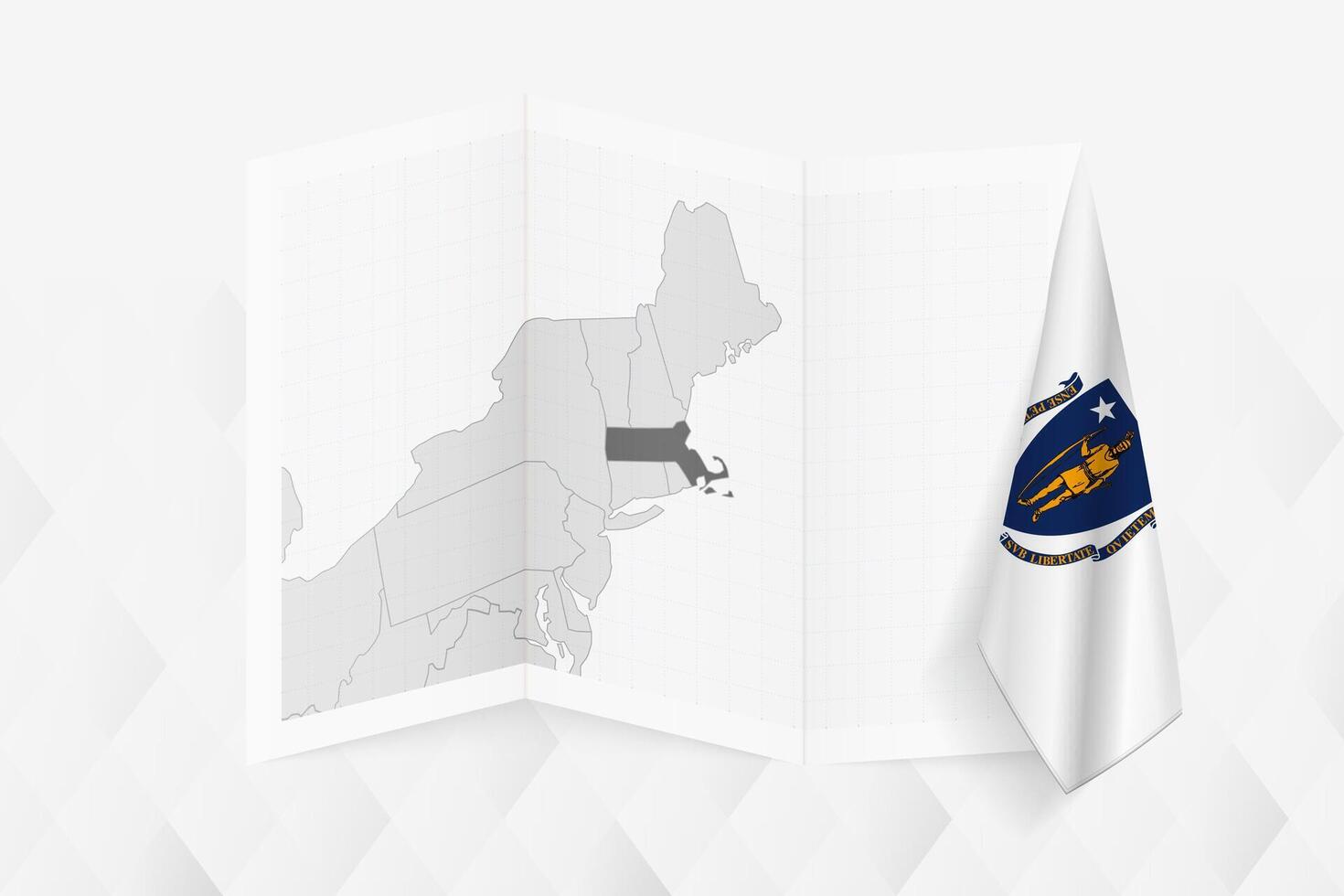 A grayscale map of Massachusetts with a hanging Massachusetts flag on one side. Map for many types of news. vector