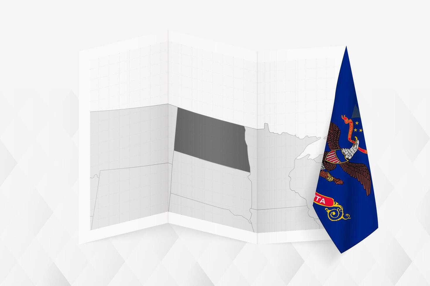 A grayscale map of North Dakota with a hanging North Dakota flag on one side. Map for many types of news. vector