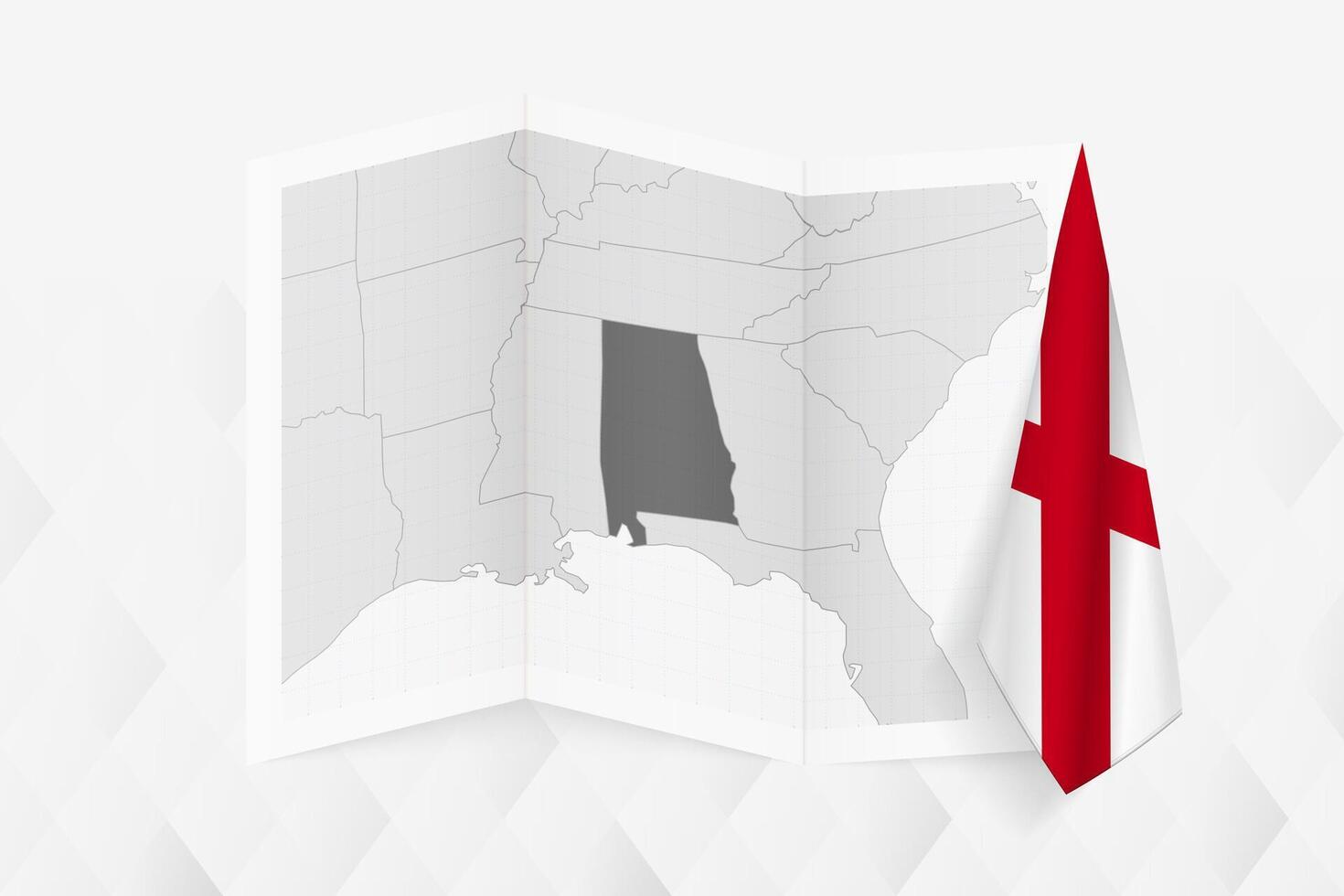 A grayscale map of Alabama with a hanging Alabama flag on one side. Map for many types of news. vector