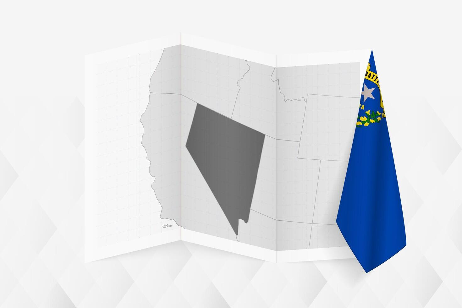 A grayscale map of Nevada with a hanging Nevada flag on one side. Map for many types of news. vector