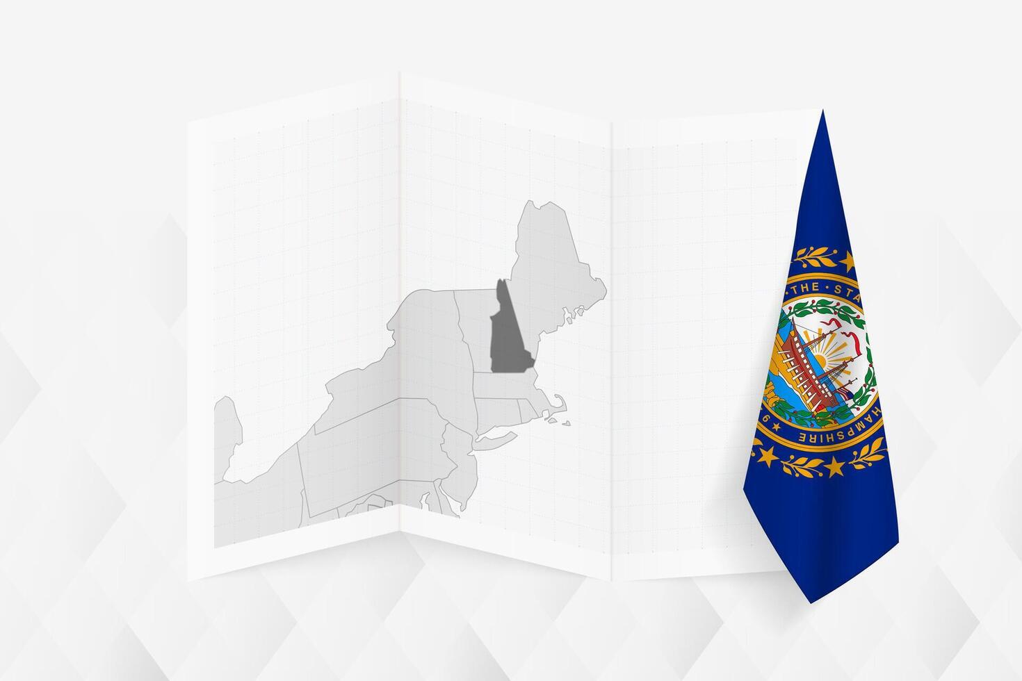 A grayscale map of New Hampshire with a hanging New Hampshire flag on one side. Map for many types of news. vector