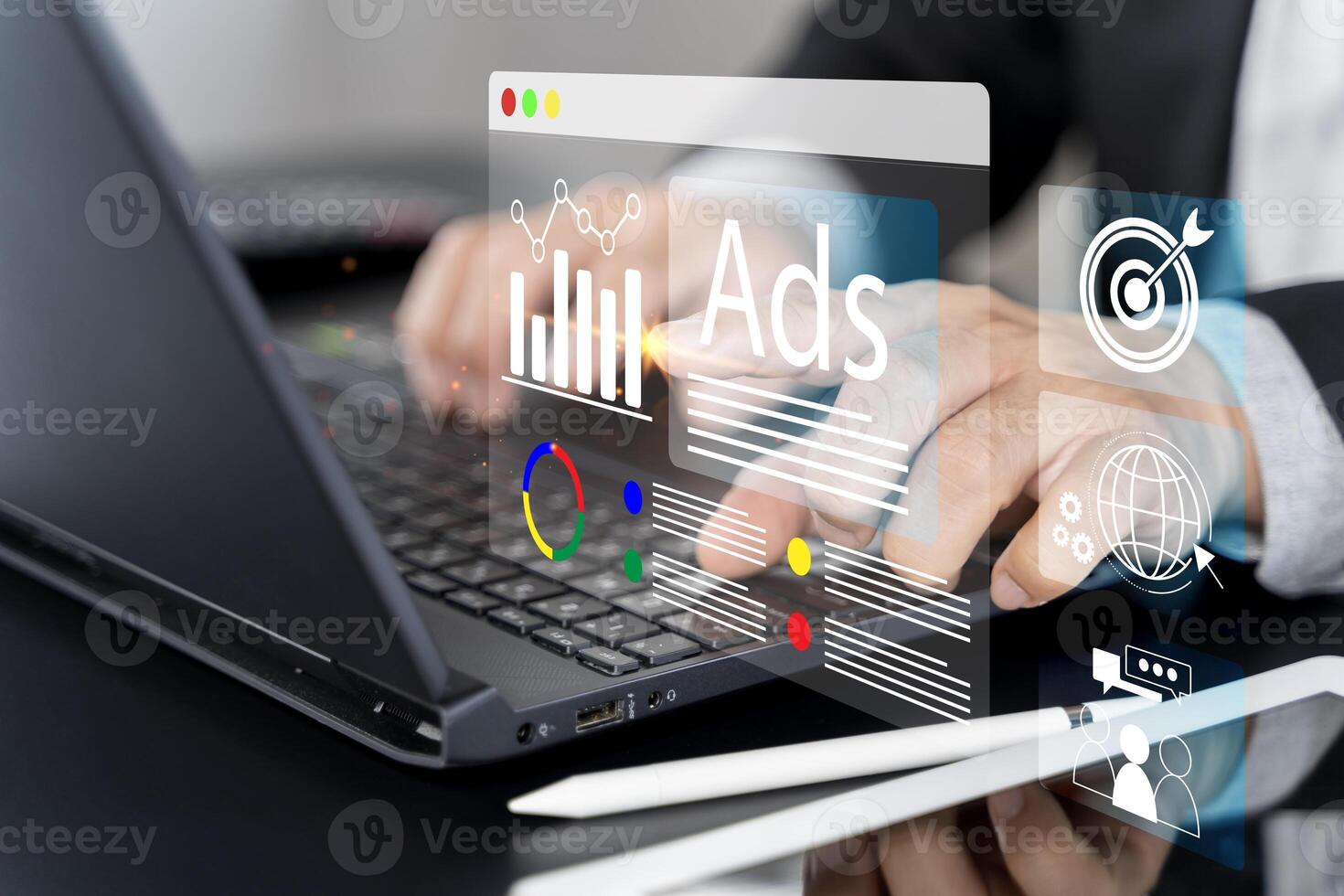 Business digital marketing commerce online sale concept. People use laptop to advertise on website. photo