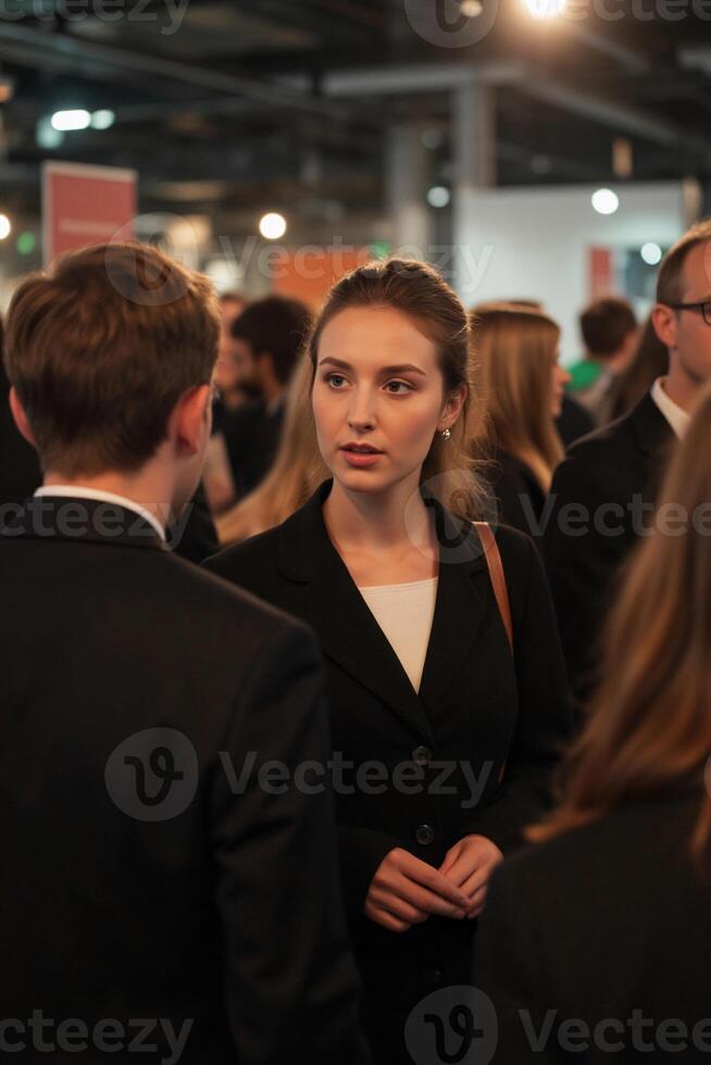 A businesswoman chatting with colleagues at a networking event photo