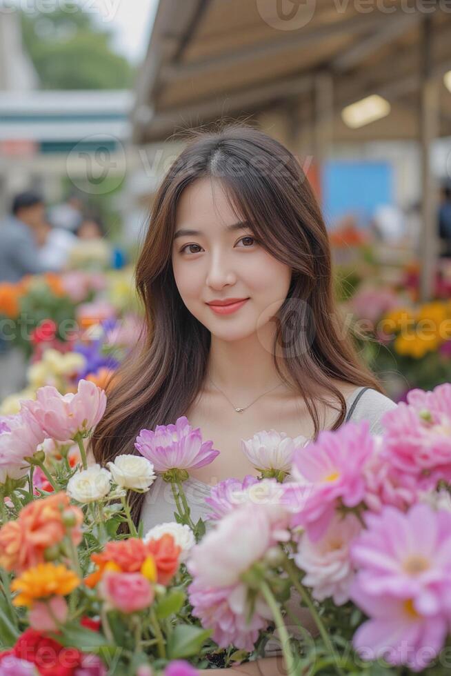 A Japanese teenage girl holding a bouquet of fresh flowers at a local flower market, surrounded by vibrant blooms photo