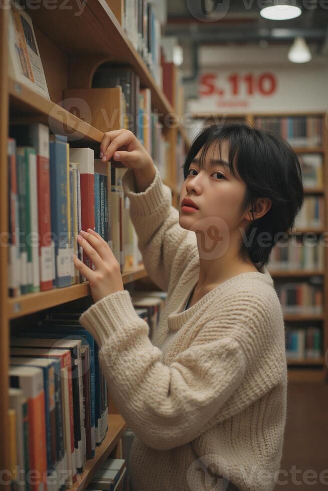 A Japanese teenage girl reaching for a book on a high shelf in a public library, wearing a cozy sweater. photo