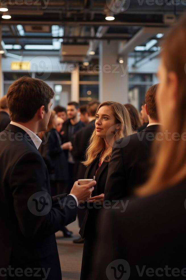 A businesswoman chatting with colleagues at a networking event photo