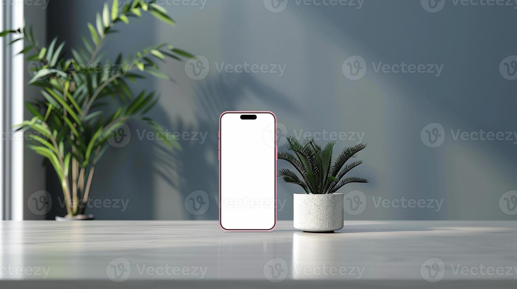 Pink smartphone mockup template with blank screen on marble table with plant photo