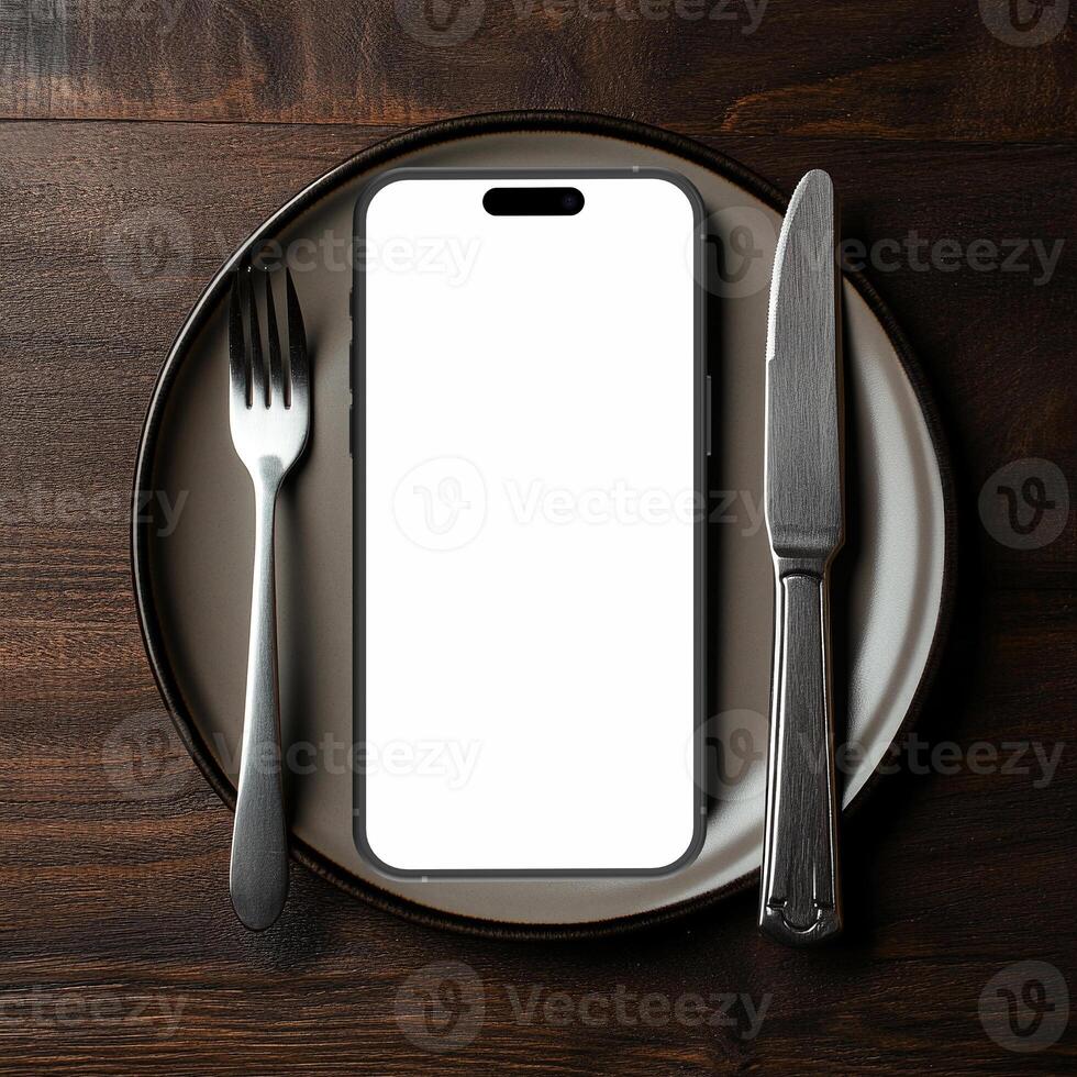 Black smartphone mockup template with blank screen on plate with knife and fork photo