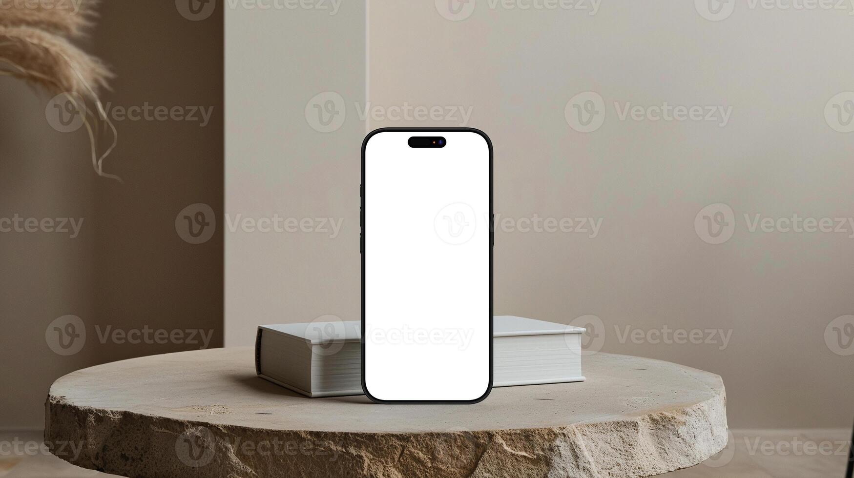 Black titanium smartphone mockup template with blank screen on marble table photo