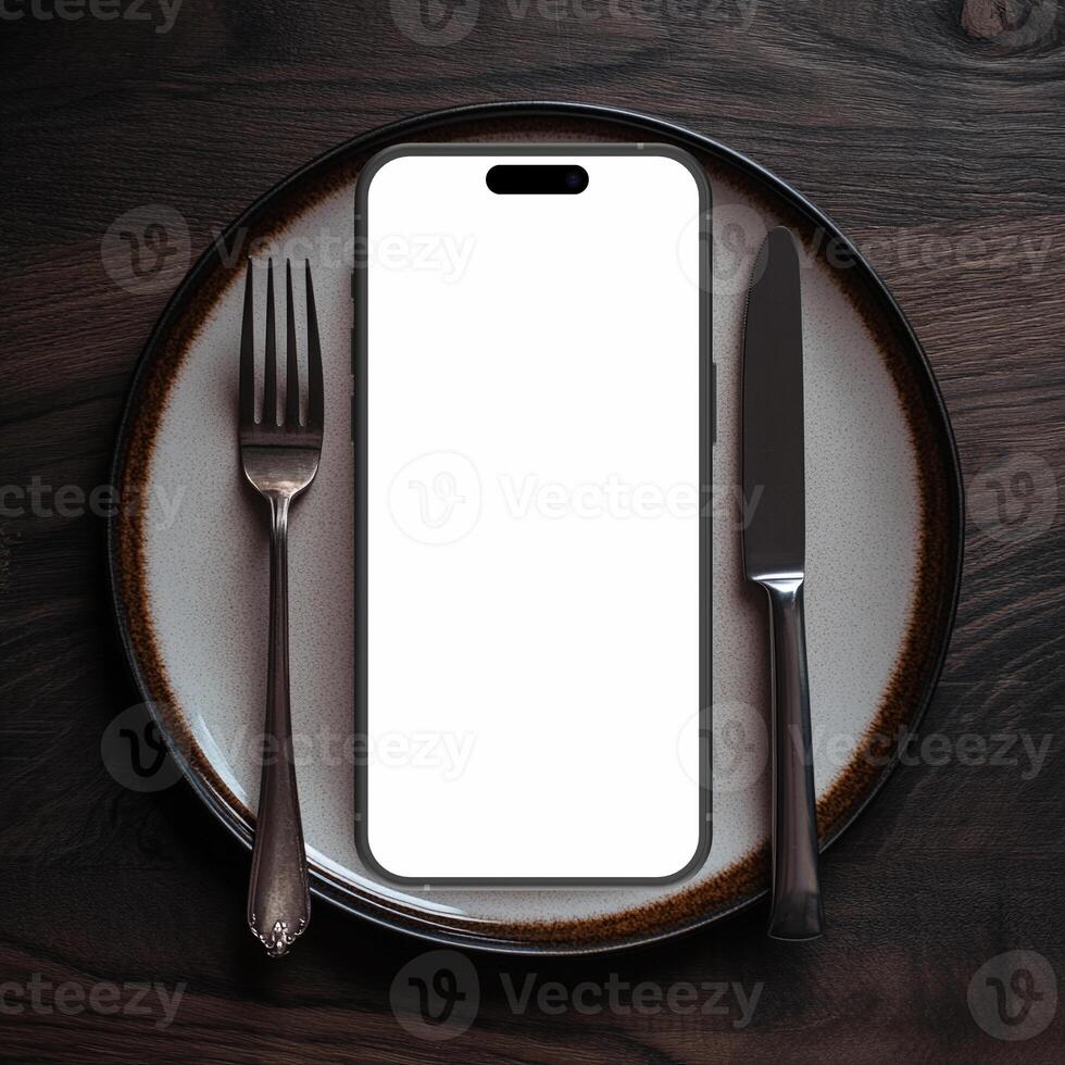 Black smartphone mockup template with blank screen on plate with knife and fork photo