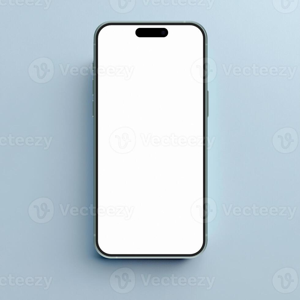 Teal smartphone mockup template with blank screen on green background photo