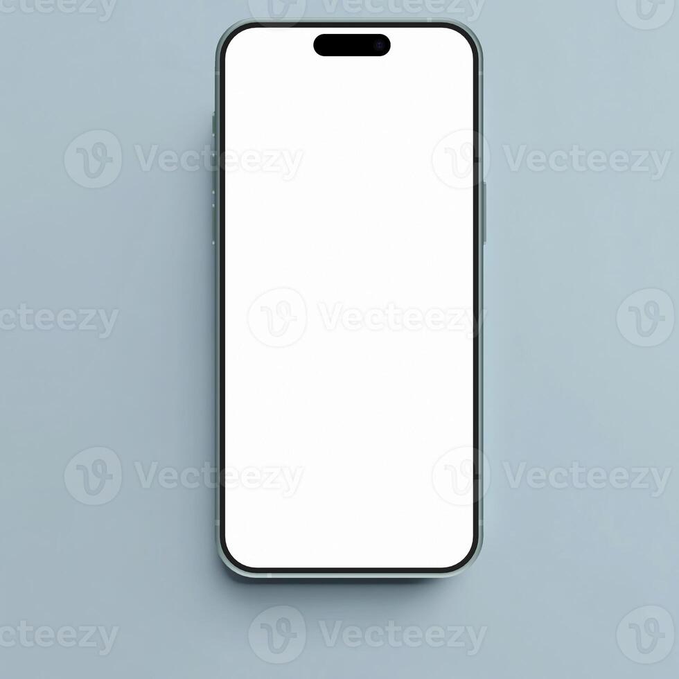 Teal smartphone mockup template with blank screen on green background photo