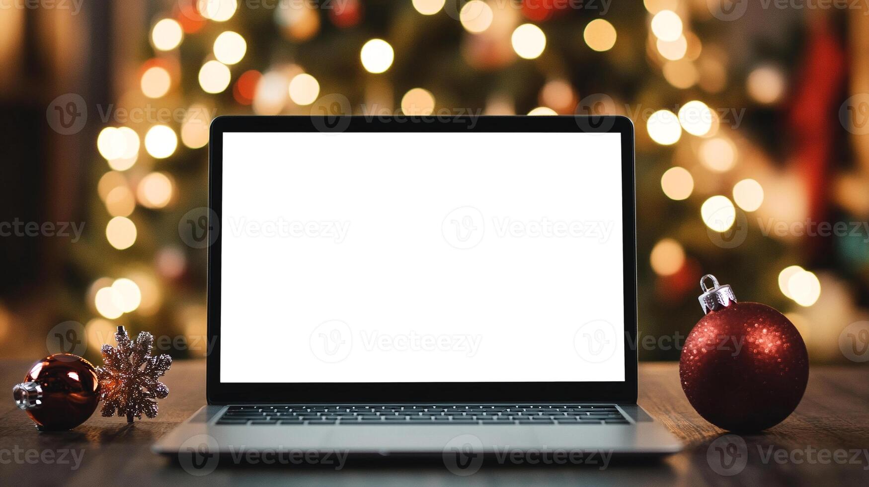 Mockup template of laptop on the table. Front screen view. Christmas tree on background photo