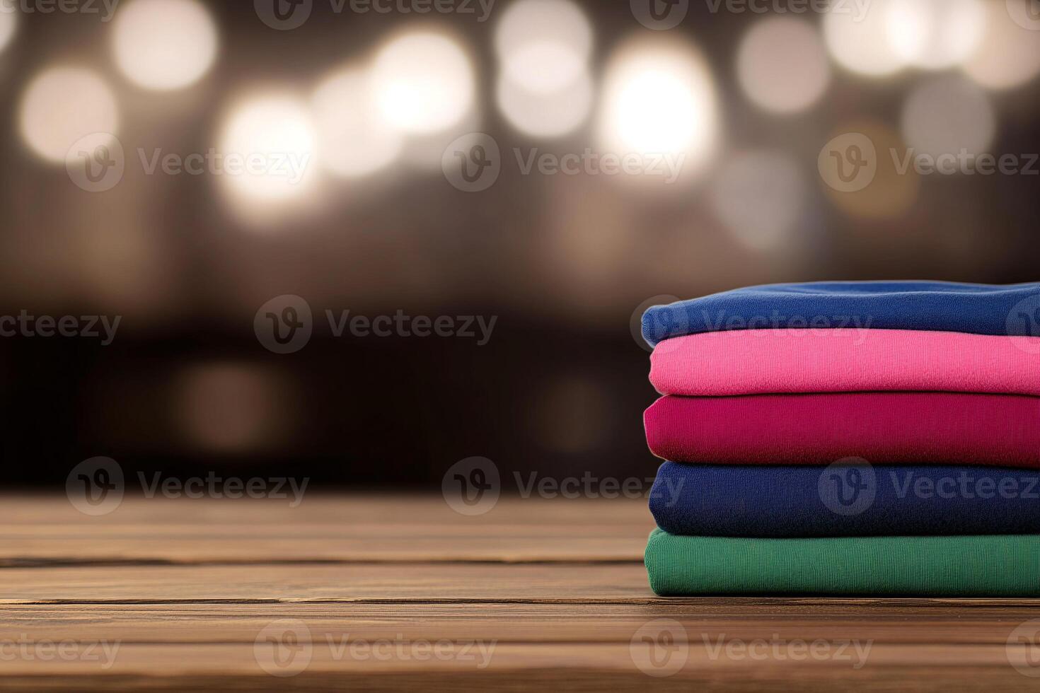 A stack of colorful shirts on a wooden table photo