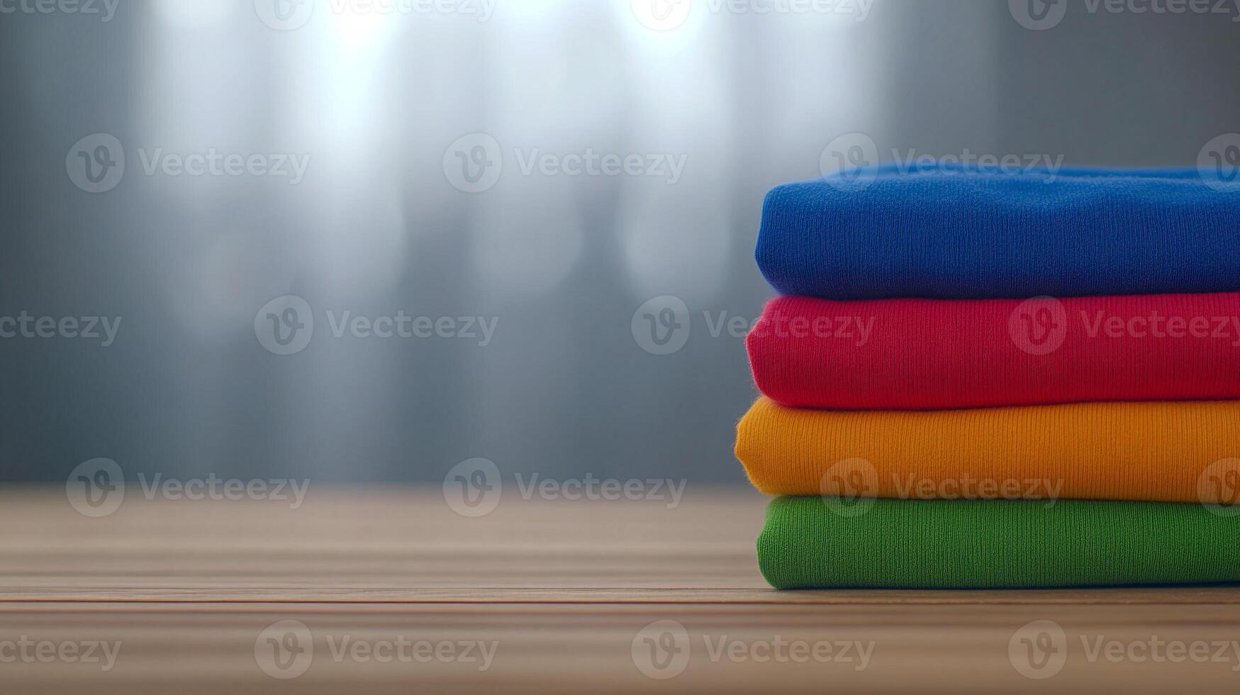 A stack of colorful clothes on a wooden table photo