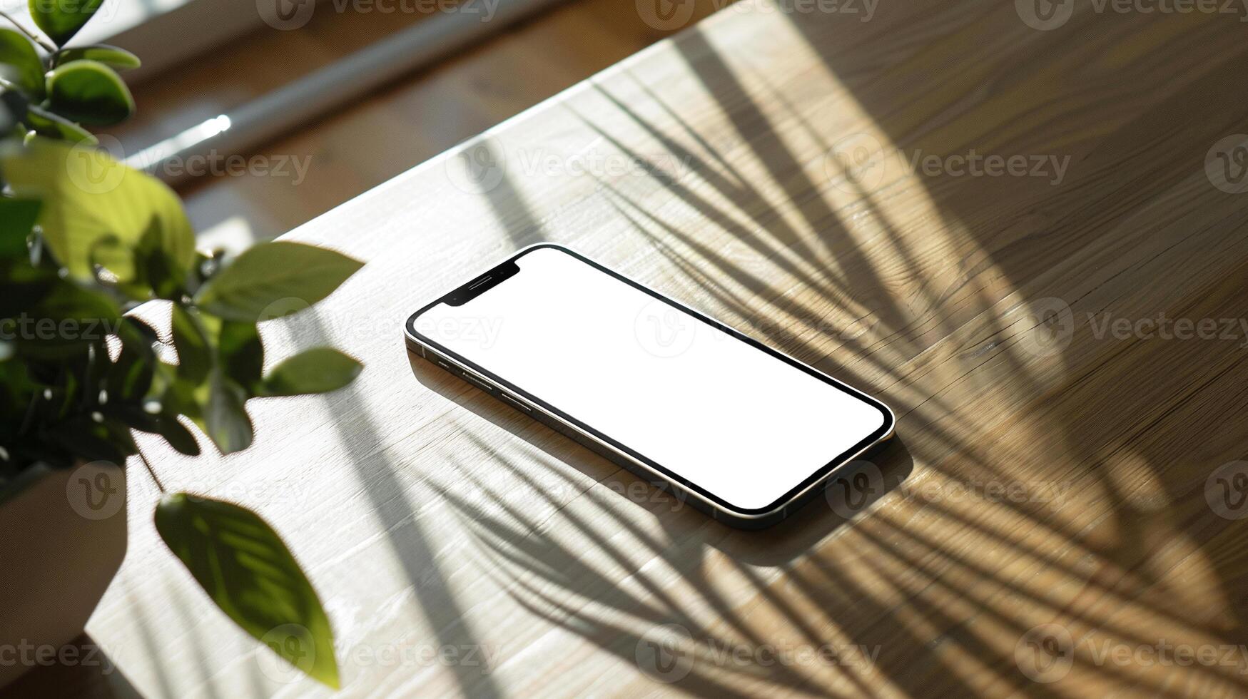 Silver smartphone mockup template with blank screen on wooden table photo