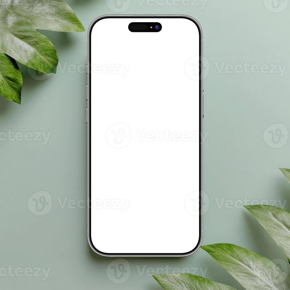 White titanium smartphone mockup template with blank screen on green background photo