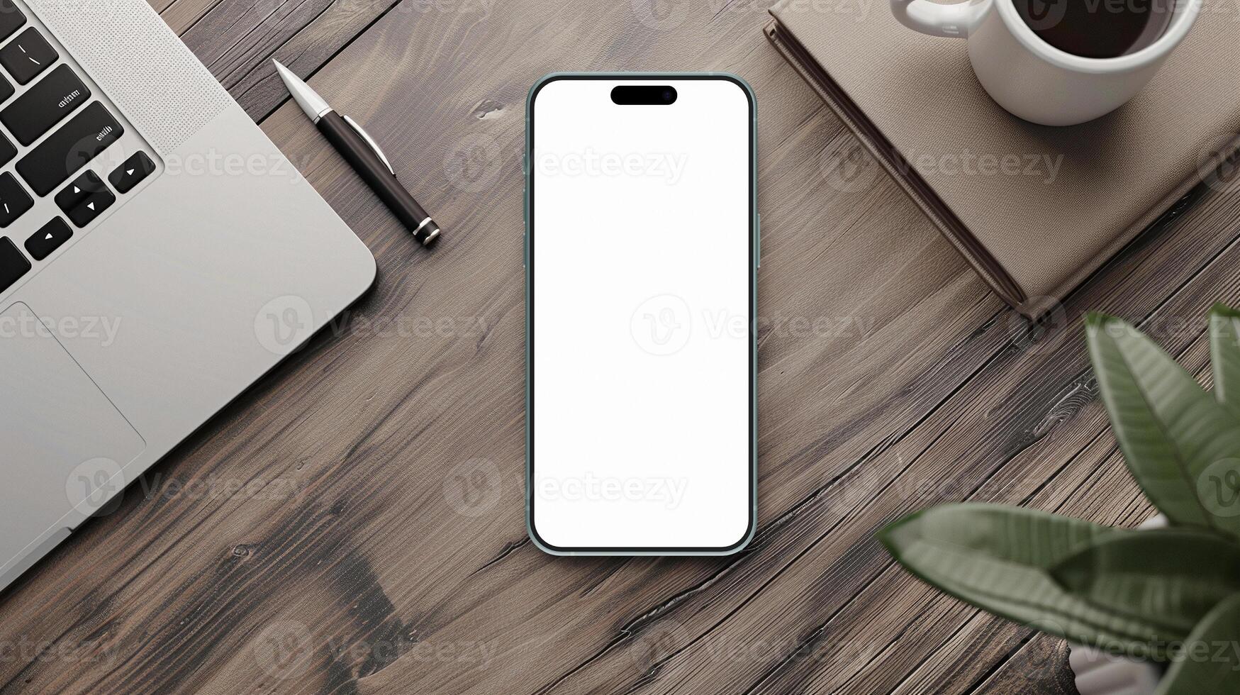 Teal smartphone mockup template with blank screen on wooden table photo