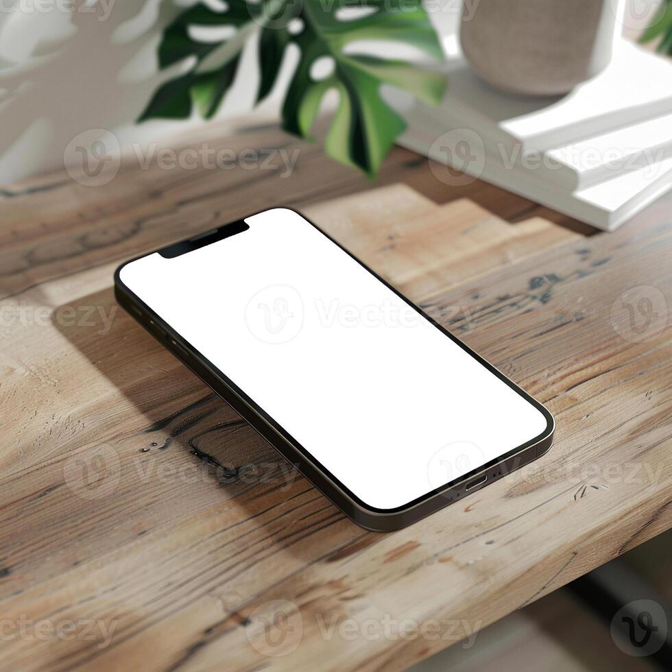 Silver smartphone mockup template with blank screen on wooden table photo
