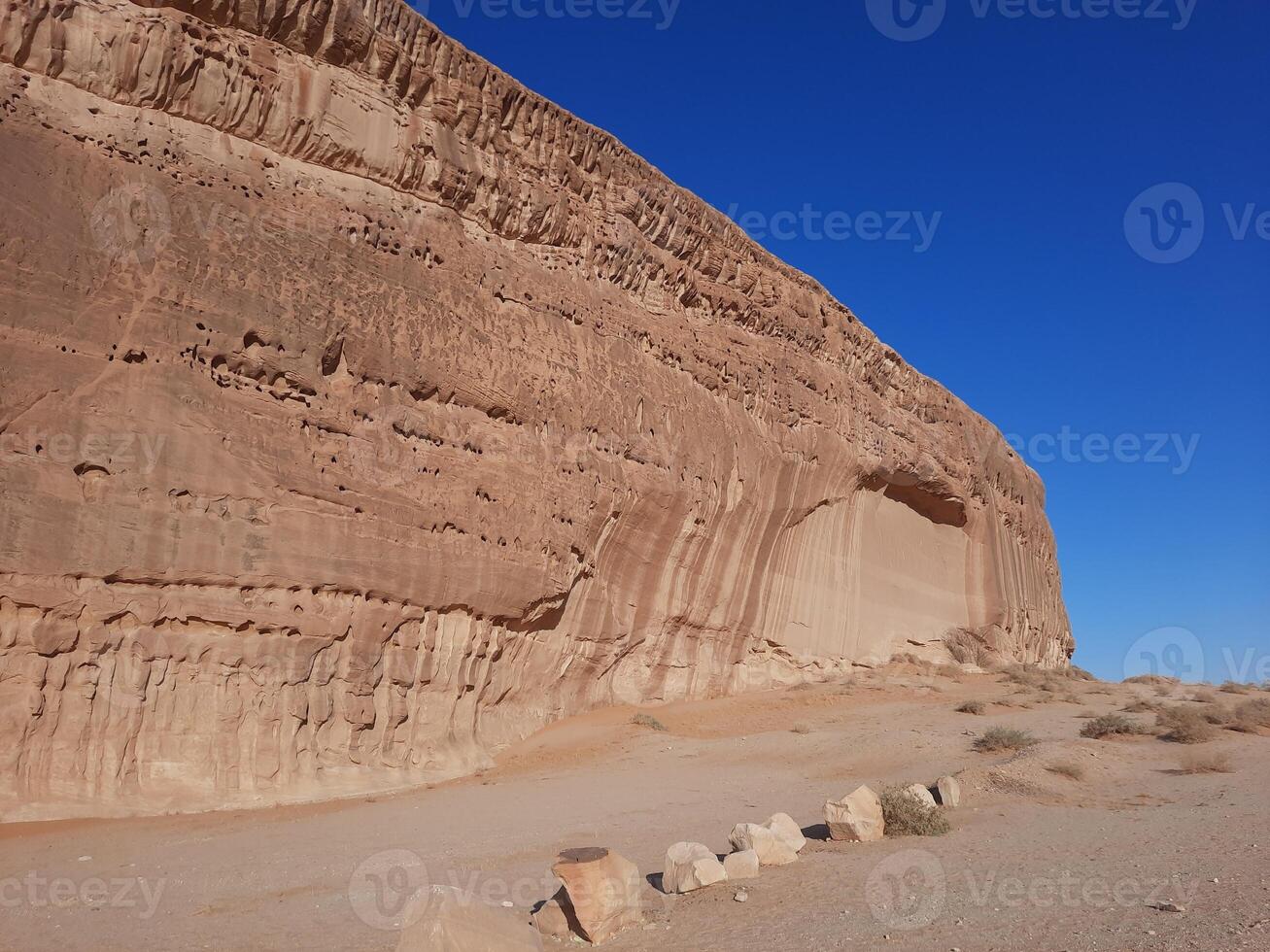 A beautiful view of thousands of years old rocks in the archaeological area of Al Hegra in AlUla, Madain Saleh in Saudi Arabia. photo