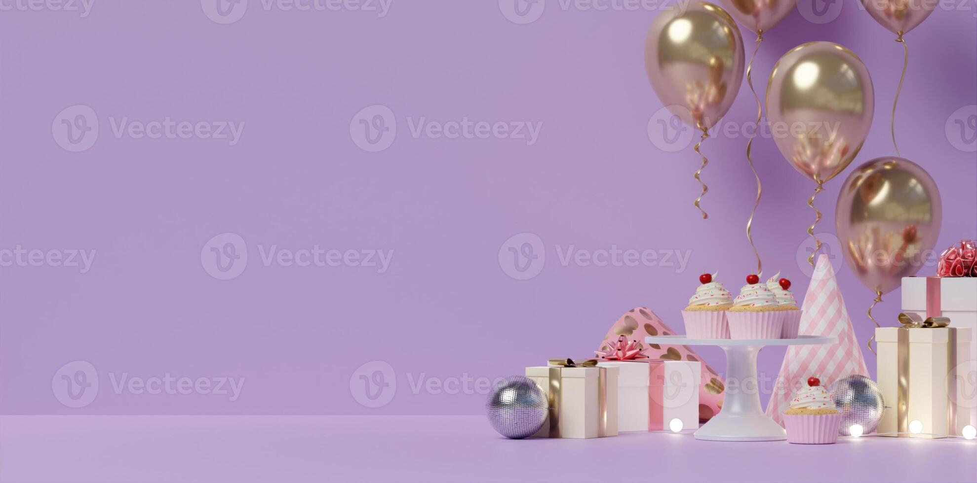 Cupcakes and Balloons with Gifts, Festive Purple 3D Render photo