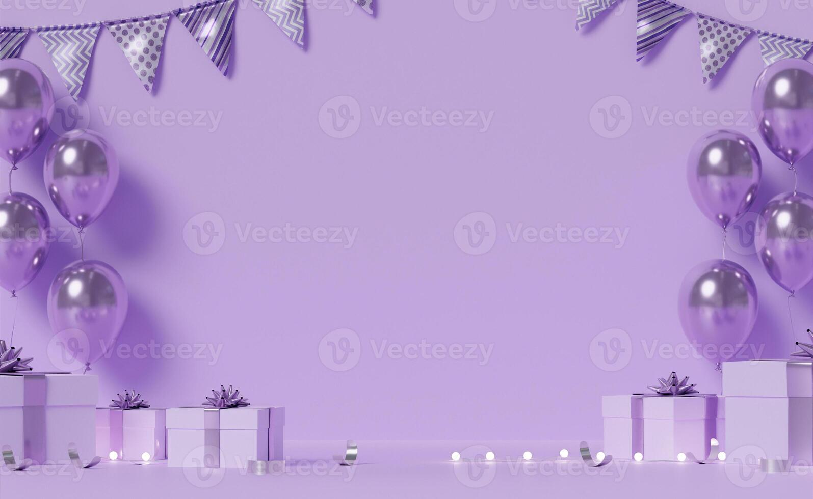 Minimalist Party Scene with Purple Balloons, Bunting 3D Render. photo